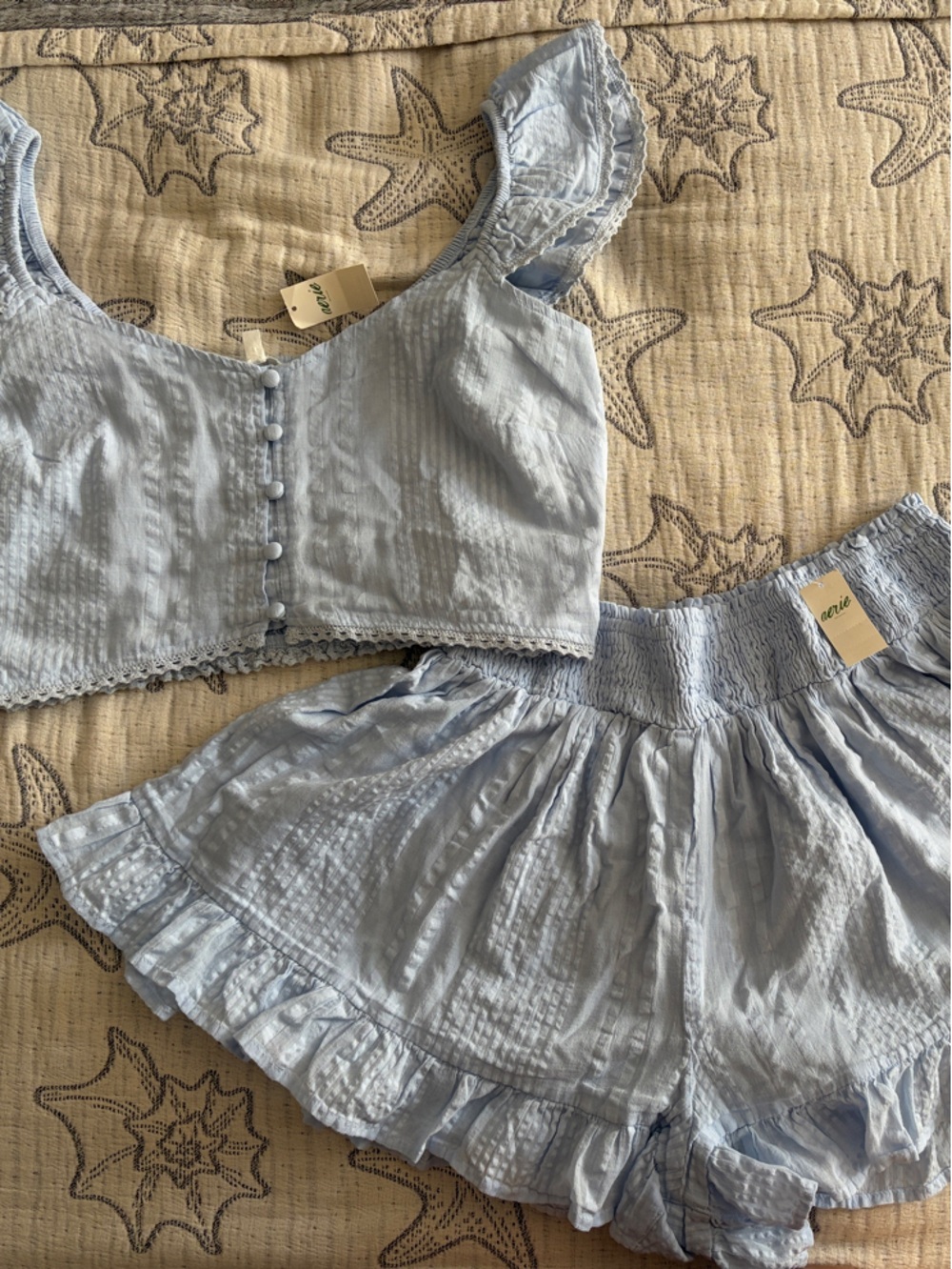aerie Light Blue Women's Crop Top & Ruffle Shorts Set
